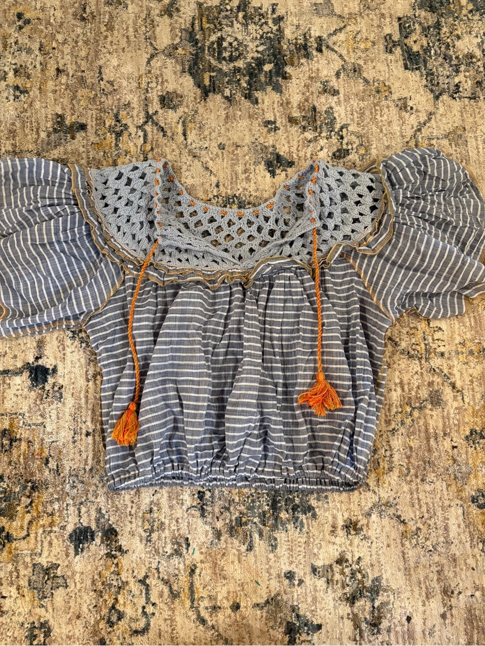Free People Allora Allora Stripped Blouse XS Blue/Orange Crochet